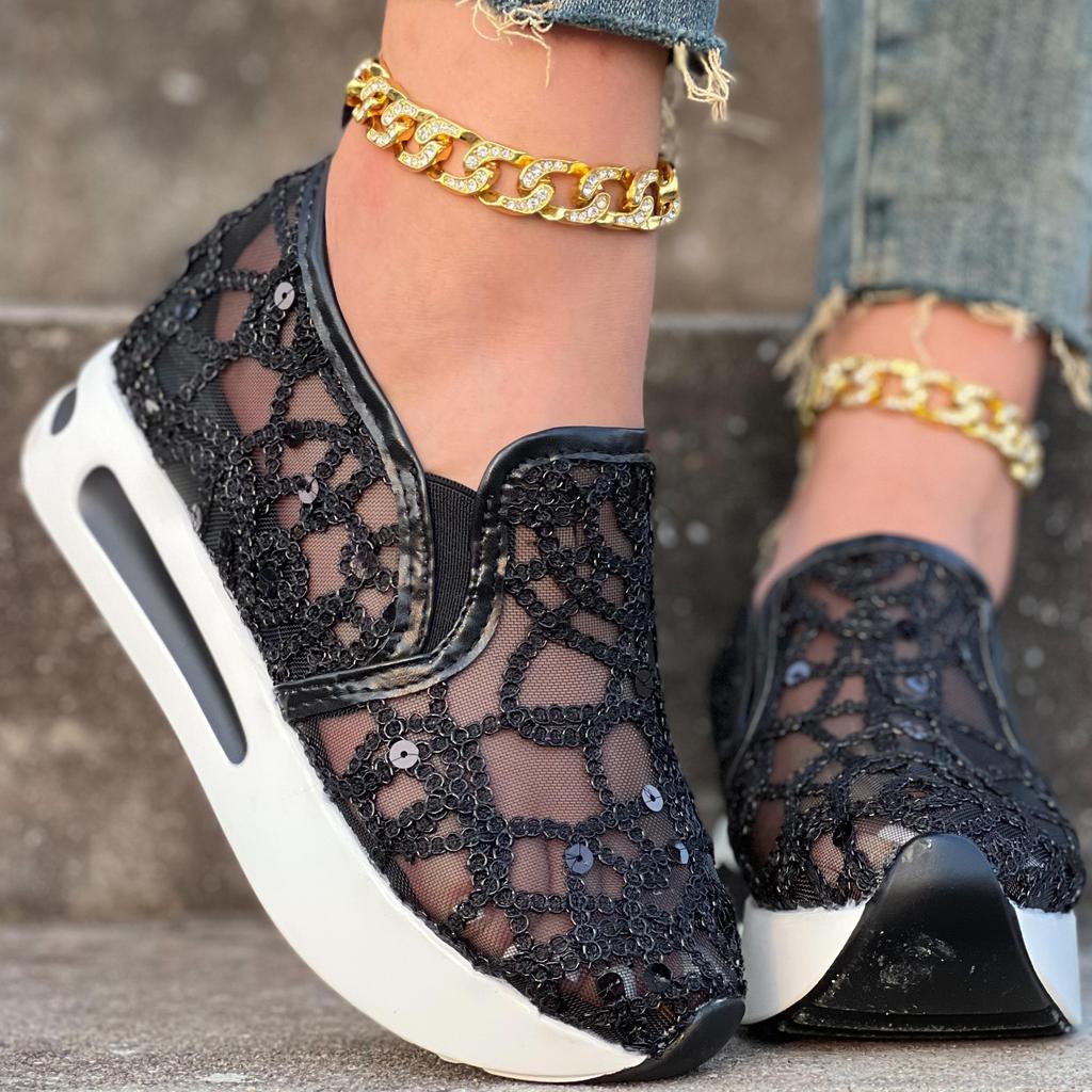 Women's Glitter Sequins Decor Sneakers, Breathable Mesh Inner Wedge Heeled Shoes, Comfortable Platform Carnival Shoes & Music Festival