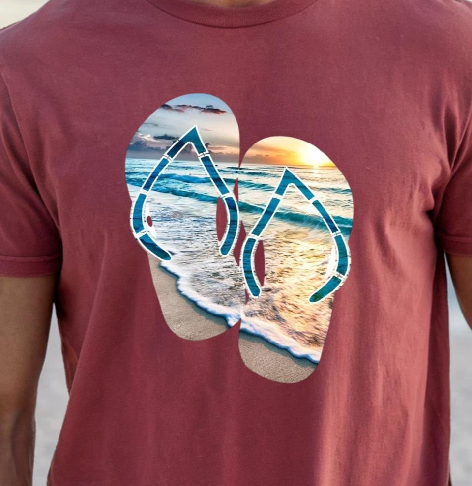 Beach Flip Flops T-shirt | Sunset Ocean Graphic Shirt, Summer Vibes Tee 3XL