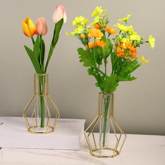 Nordic Simple Glass Clear Vase with Iron Art Frame for Hydroponic Planter Transparent Test Tube Pot Decorative Metal Flower Vase for Table