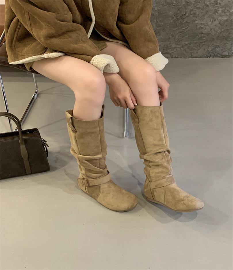 

2025 retro inner heightening flat-bottomed western cowboy boots 2025 new matte suede comfortable low-heeled high boots 39 хаки