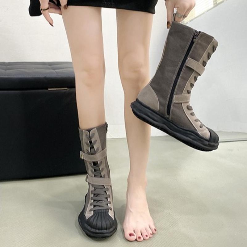 Fashion Outdoor Roman Style Women's Flat-bottomed Boots Winter Retro Style Suede Canvas Stitching Fashion Zipper Design Fashion Boots
