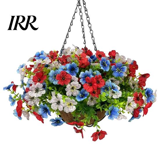 Decorative Flower Basket Artificial Hanging with for Outdoors, 4th of July Patriotic Faux Violet Flowers Flowers, UV Resistant Fake Plants