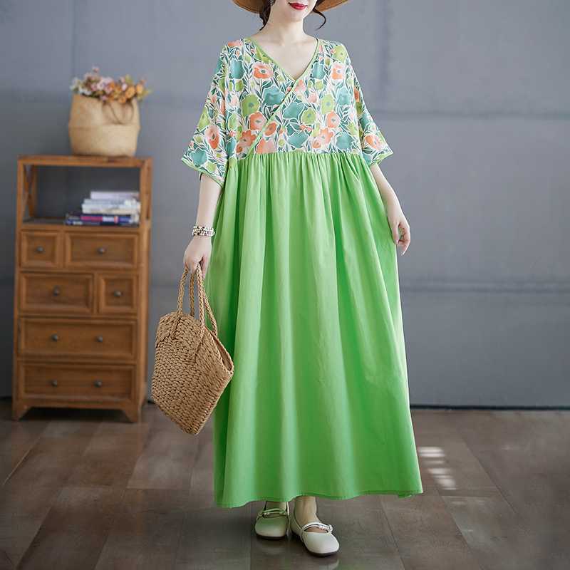 Cotton and Linen Summer Patchwork Retro Style Dress Long Skirt
