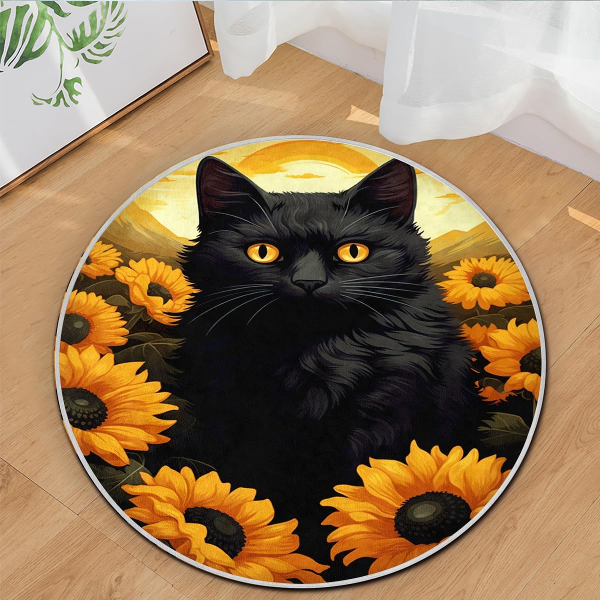 

Cat Sunflower Round Rug, Farmhouse Floral Mat for Bedroom, Living Room, Nursery Decor, Machine Washable Non-Slip Diameter 60cm