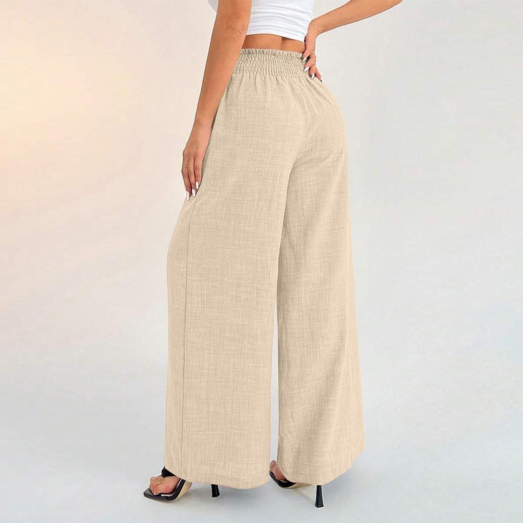 High Waist Wide Leg Pants for Women Elastic Waistband Loose Fit Lightweight Linen Trousers Casual Style