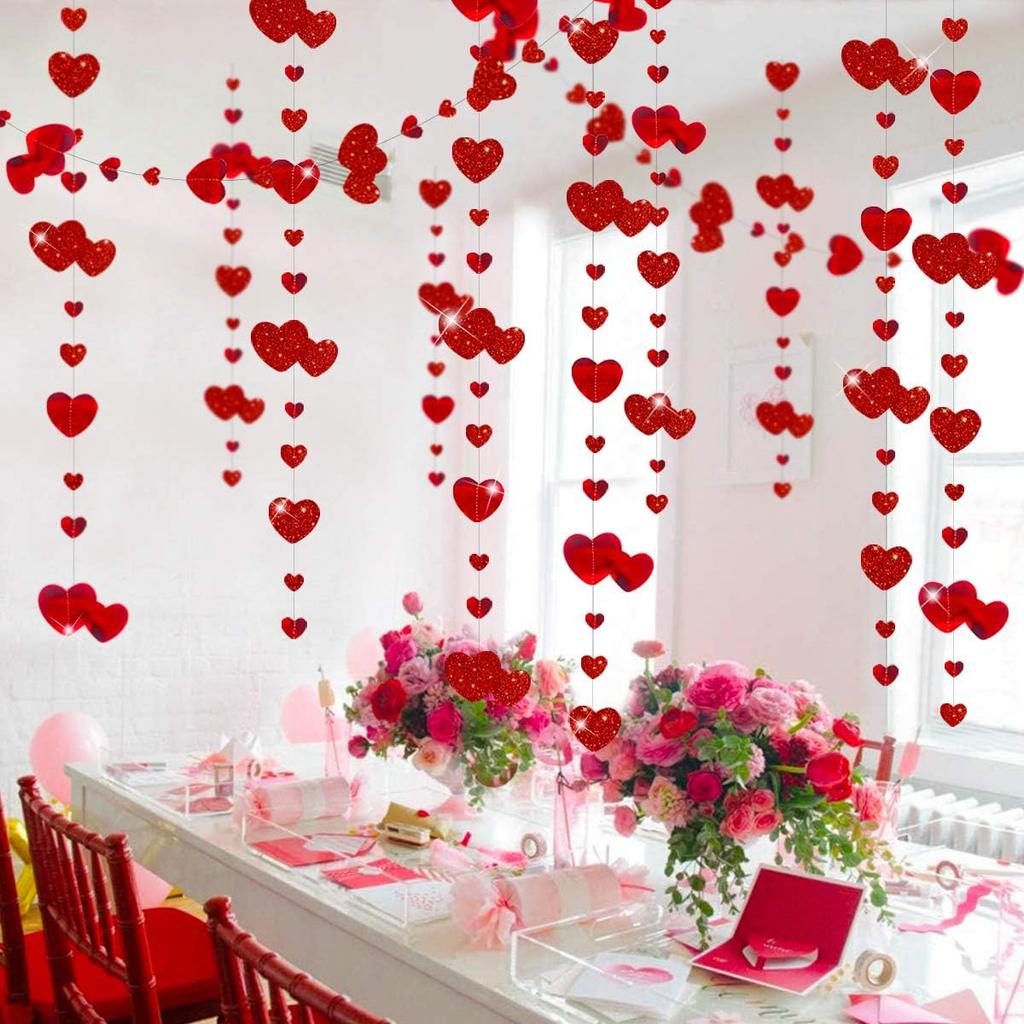52Ft Valentines Day Party Decorations Red Heart Garland Metallic Glitter Hanging Heart Streamer Banner for Anniversary Mother's Day Engagement