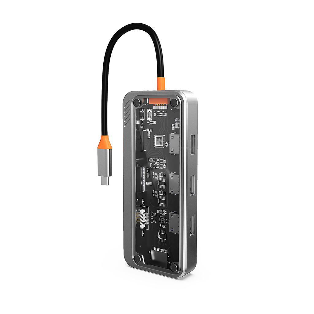 Custom Logo Transparent 10 In 1 USB C Hub Dongle Support 4K HDTV VGA Type C PD USB3.0 RJ45 Ethernet SD TF Card Reader 3.5mm AUX