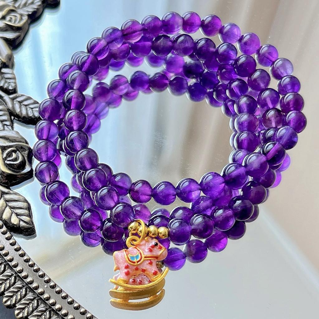6mm Old Material Royal Purple Natural Amethyst Multi-circle Pink Pony Design Bracelet