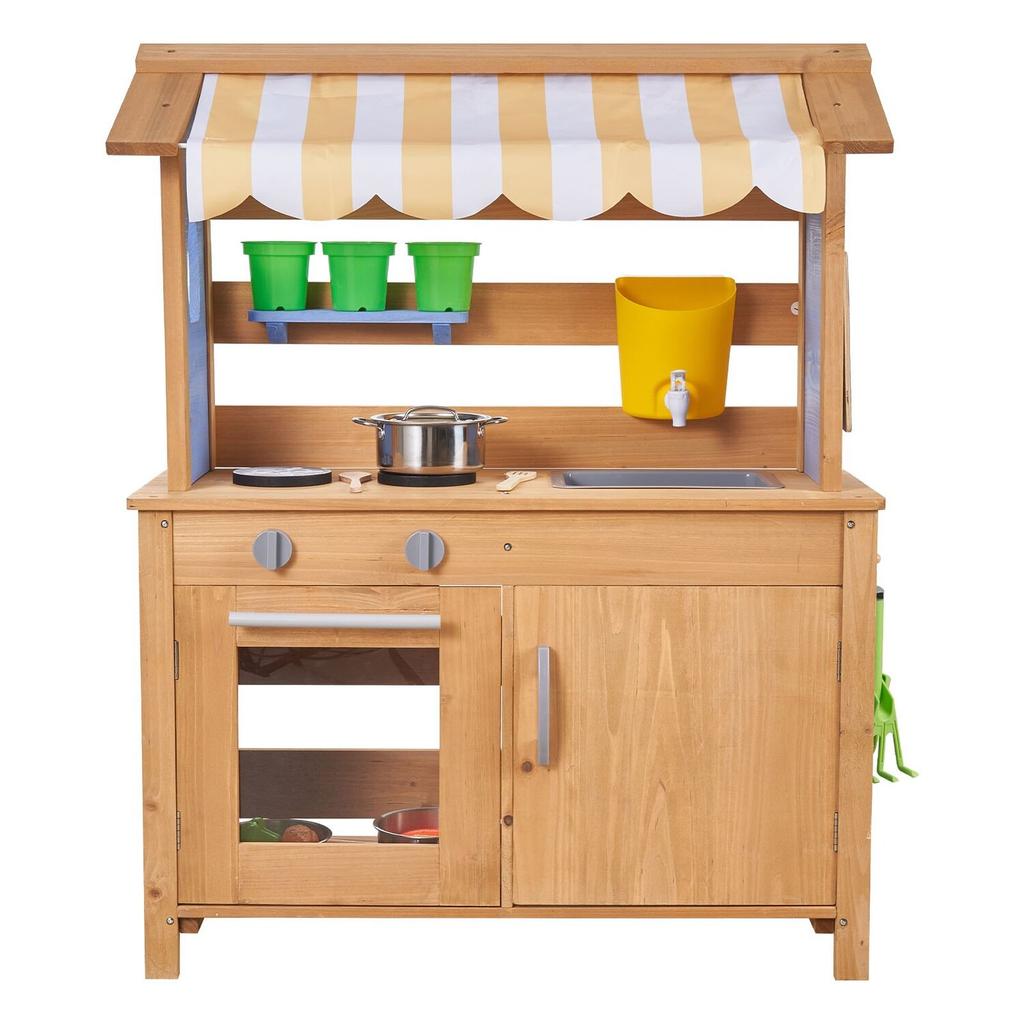 Mud Kitchen, Outdoor Mud Kitchen for Kids, Wood Outdoor Play Kitchens with Spoons, Sink, Tank, Sunshade Canopy, Shovels, Cookware Pots and