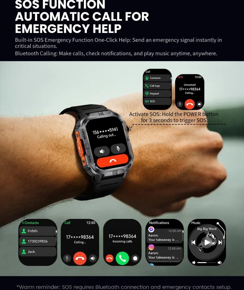 2026 New Outdoor Military Men's Smart Watch Is Equipped with GPS LED Lighting Compass Wireless Communication IP68 Waterproof Smartwatch Music 540mah
