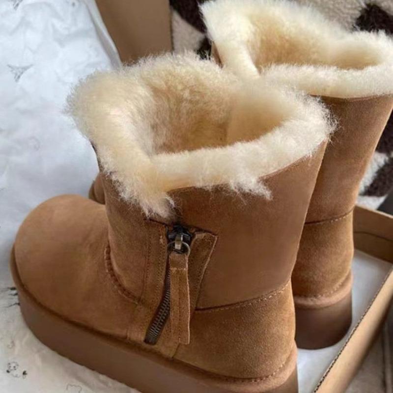 Winter Women's Mid-tube Cotton Boots Fashion Round Toe Side Zipper Platform Anti-slip Wear-resistant Flat Snow Boots Botas Mujer