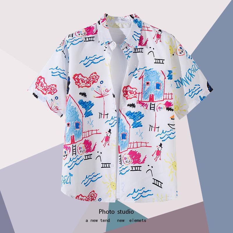 Summer Beach Floral Men'S And Women'S Thin Shirts Trendy Hawaiian Port Style Loose Tie-Dye Short-Sleeved Couple Shirts