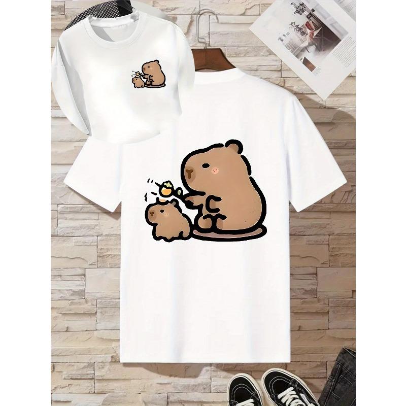 Kids Crewneck Short Sleeve T-Shirt, Big & Small Capybara Double Sided Print Fashion Casual Kids Summer Tops