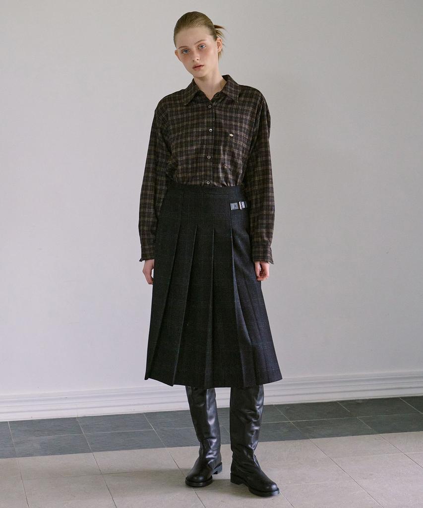 Awi Pleated Wool Check Skirt_Black