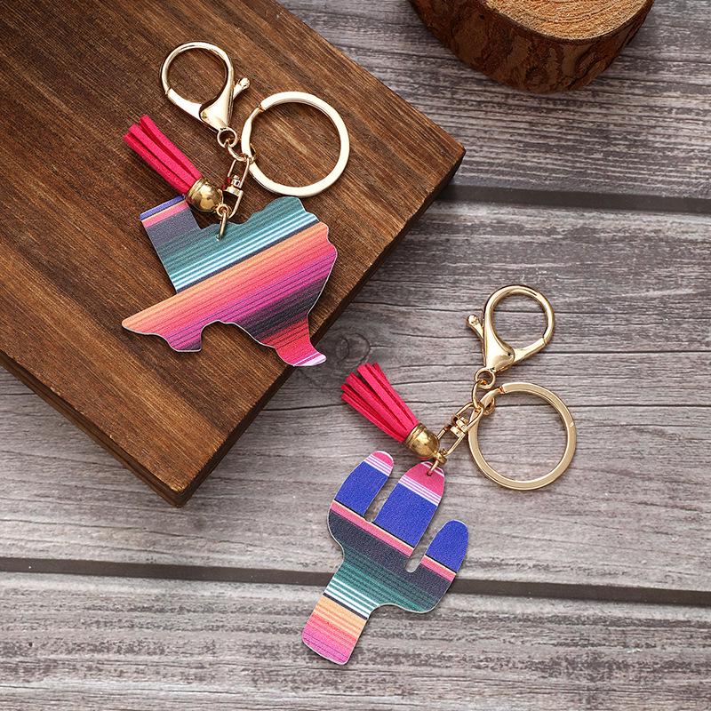 

Rainbow Cactus Tassel Leather Keychain and Key Pouch Bag Charm