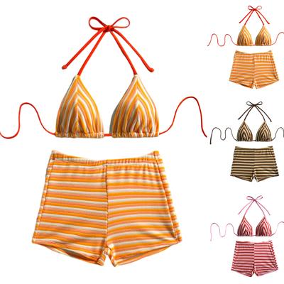 Damen Bikini mit Shorts Zweiteilig Boyshort Badeanzug Bindeband Rückenfrei Streifenmuster Badeanzug Y2K Stil