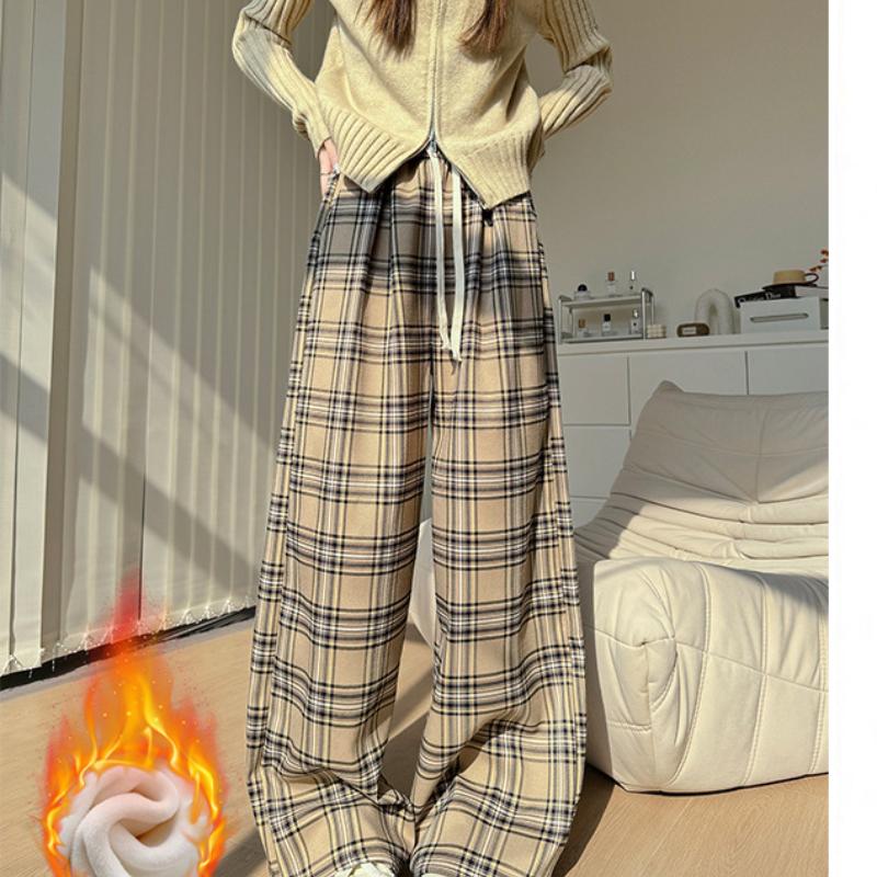 Women's Velvet Plaid Pants for Autumn and Winter New Style Slimming and Drape Casual Straight Pants Loose Floor Narrow Version Wide-leg Pants