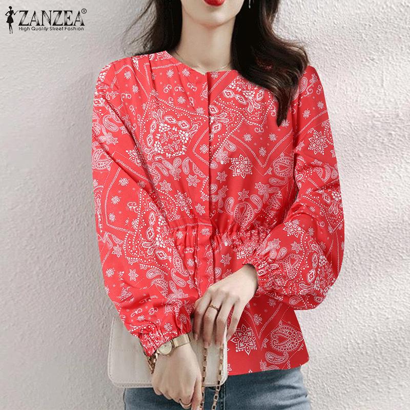 

ZANZEA Весенние женщины Коллекция Талия Пышный рукав Принт Топы