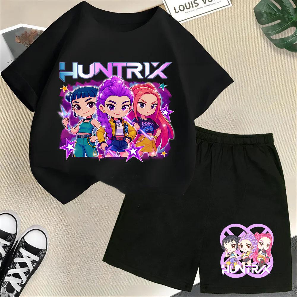 2025 New Children's Korean Wave Demon Hunter Print Fashion Casual Movie Cartoon Boys and Girls Short-sleeved Set