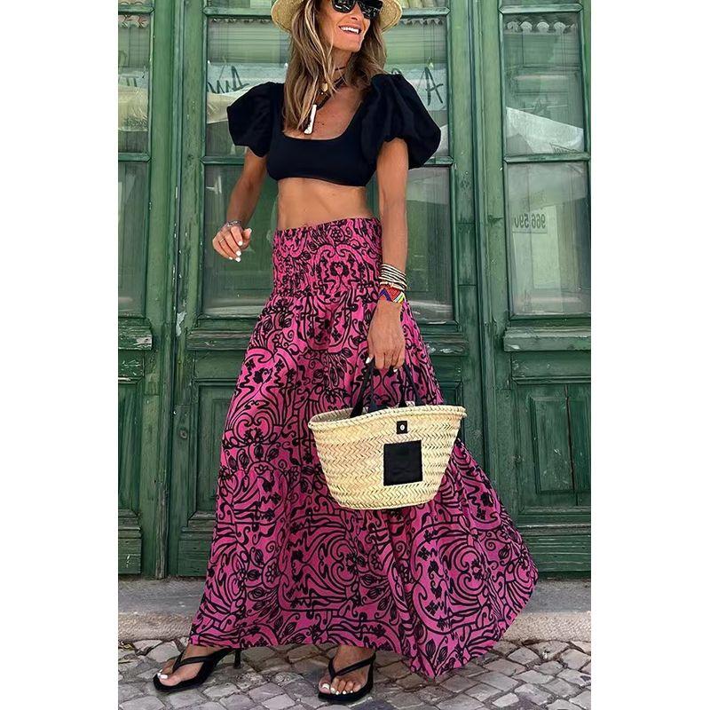 

Plus Size Women s Clothing Chubby Girl Bohemia Elastic High Waist Floral A- line Fashion Mid-Length Skirt Beach Skirt Fashion Rose Red XL