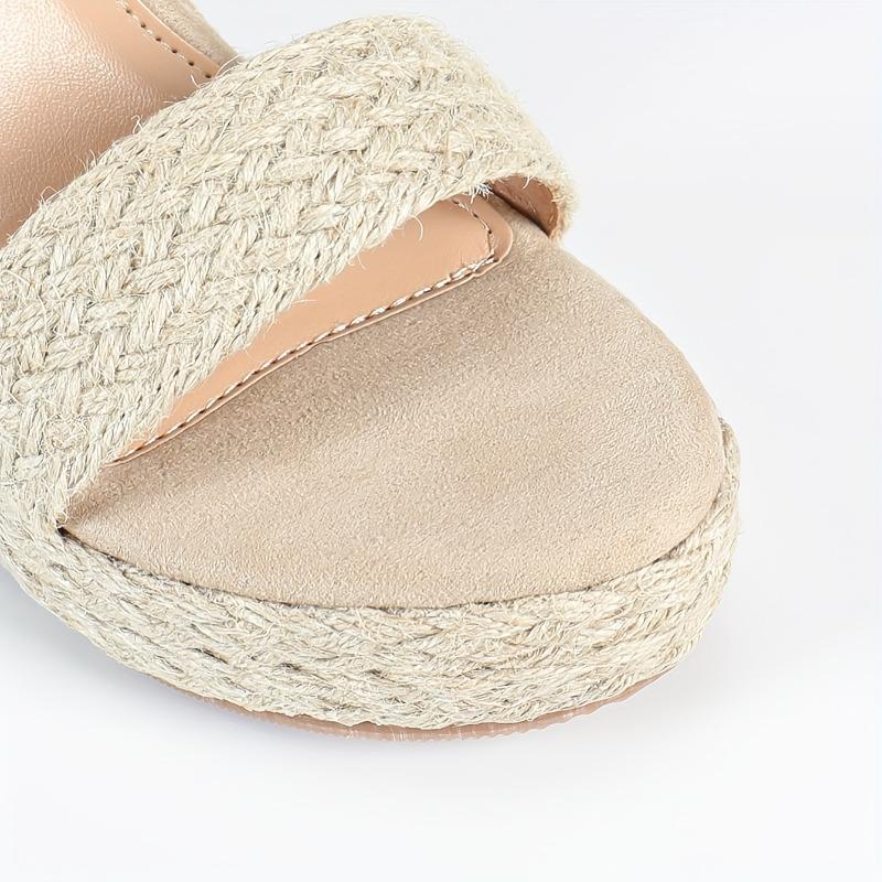 Women's Beige Espadrille Wedge Sandals - Ankle Buckle, Open Toe, Thick Sole, Strappy Summer Fashion Heels