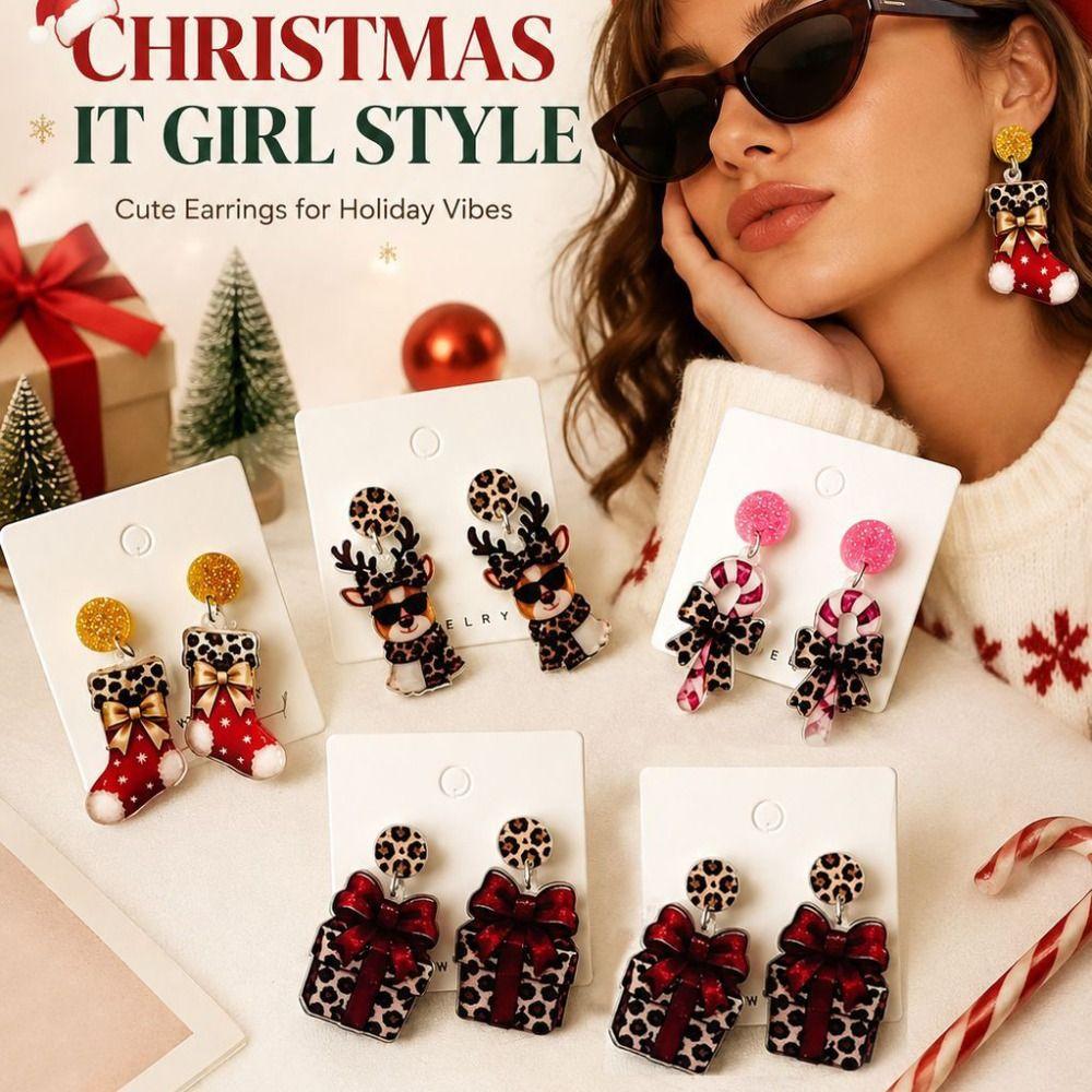 2D Flat Acrylic Christmas Earrings Snowman Ladies' Ear Jewelry Leopard Pendant Earrings Party