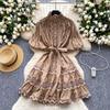 French retro court fashionable lace splicing strap waist dress women's lantern sleeves show thin temperament A-shaped skirt