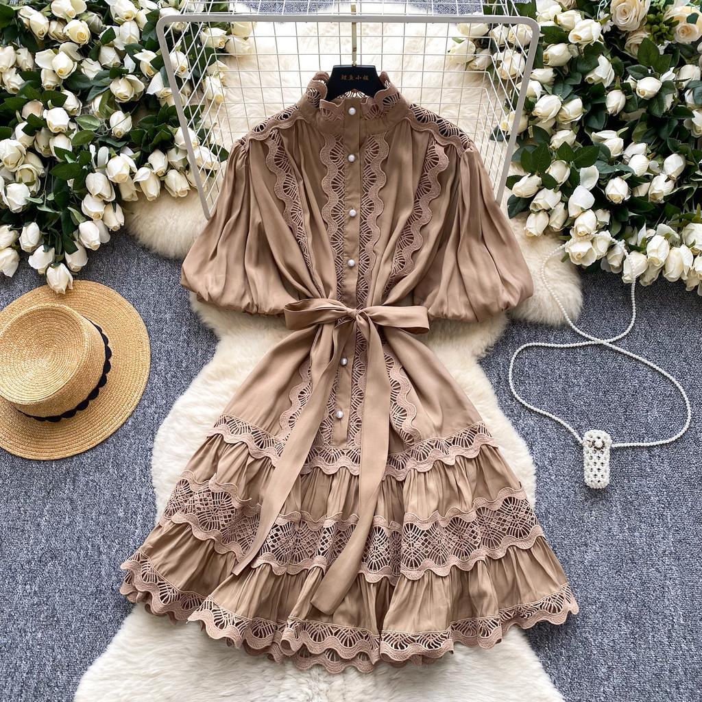 French retro court fashionable lace splicing strap waist dress women's lantern sleeves show thin temperament A-shaped skirt