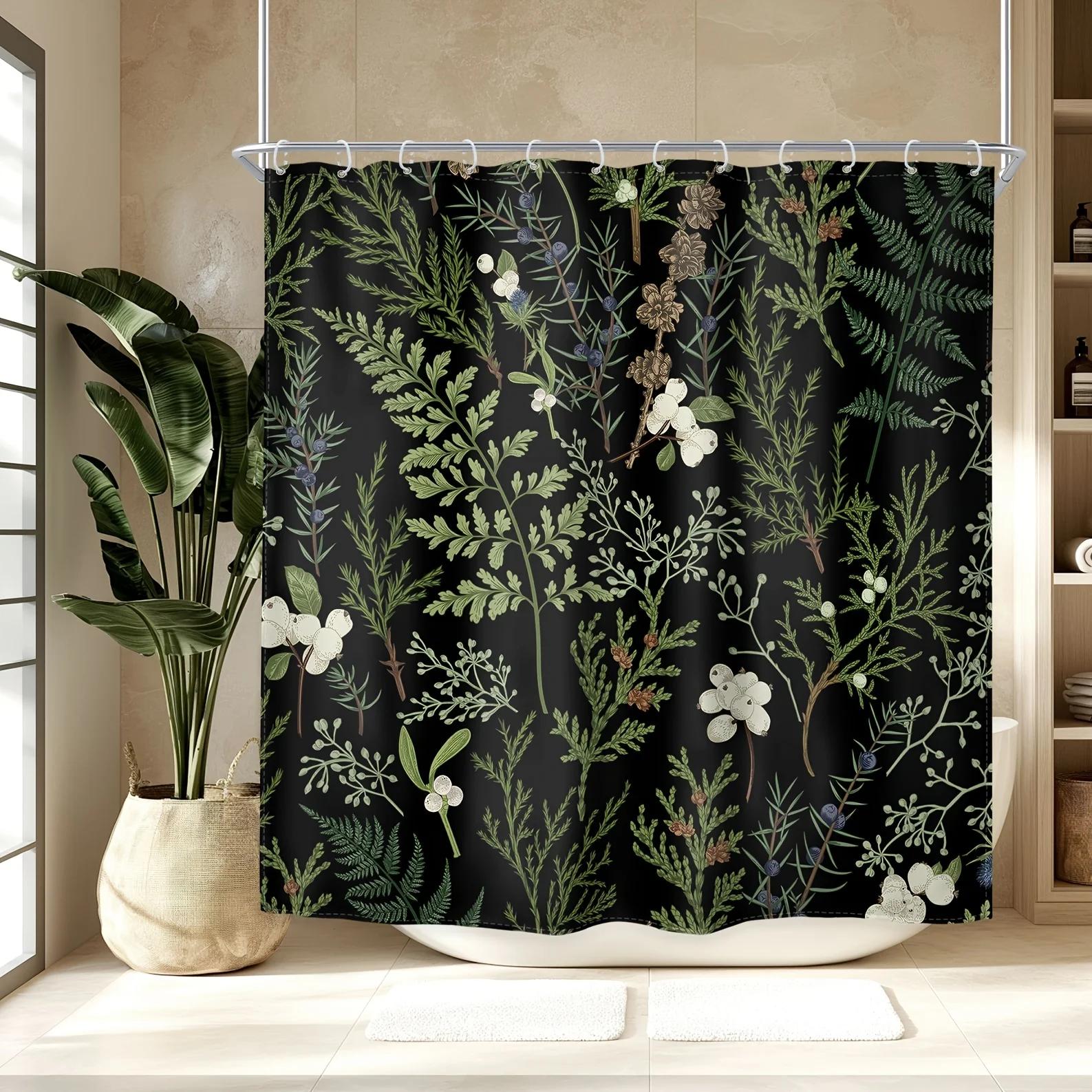Tonnika Chen Green Botanical Leaves Shower Curtain Set - Sage Floral, Rustic, Vintage, 12 Pack Hooks For Farmhouse Bathroom Decor