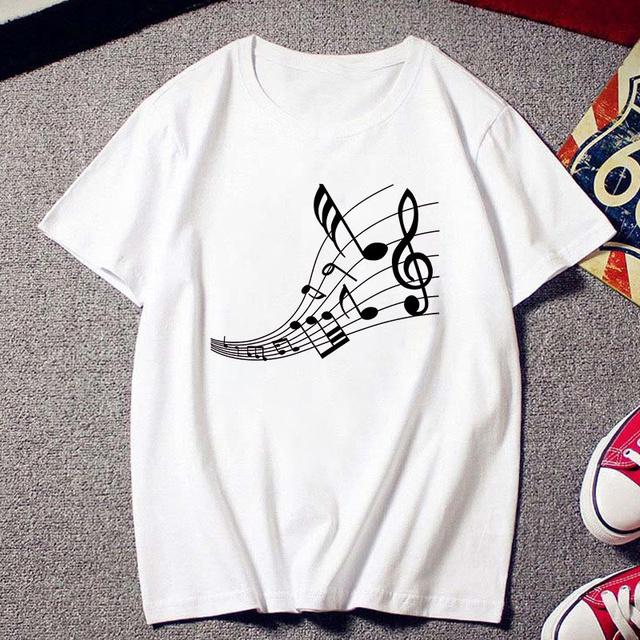 Fashion Creative Musical Note Printed T Shirt Female Harajuku Tshirt Ulzzang Clothes Vintage New White T -Shirt Women Tees Tops