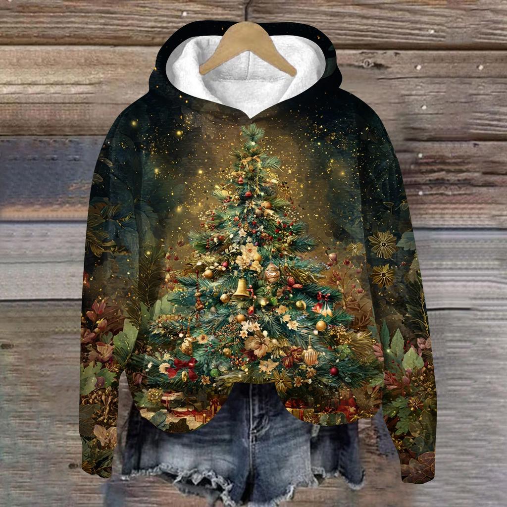 Women's Fashion Long Sleeve Christmas Print Loose Hooded Sweatshirt Top