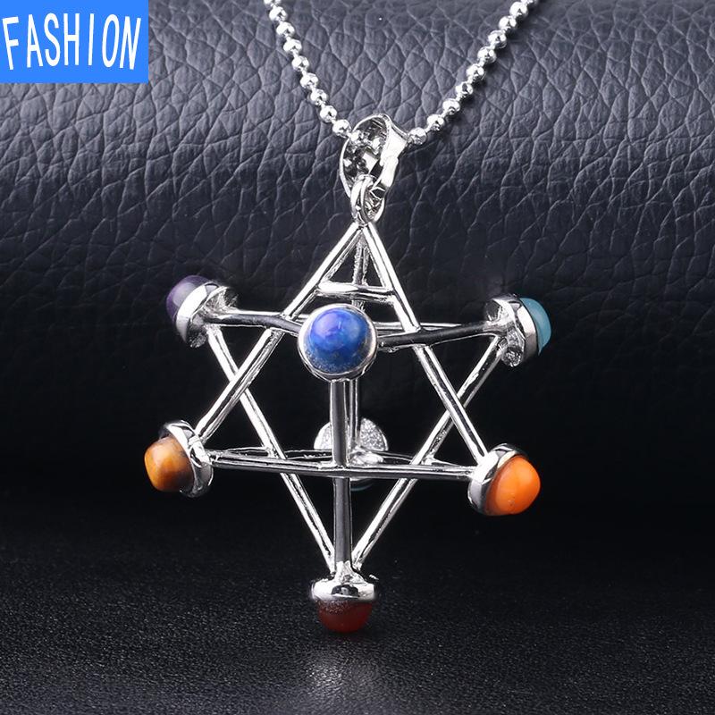 Religiøst Mysterium Tredimensjonalt Utskåret Melkaba Heksagram Energi Geometrisk Krystall Anheng Halskjede Syv Chakraer