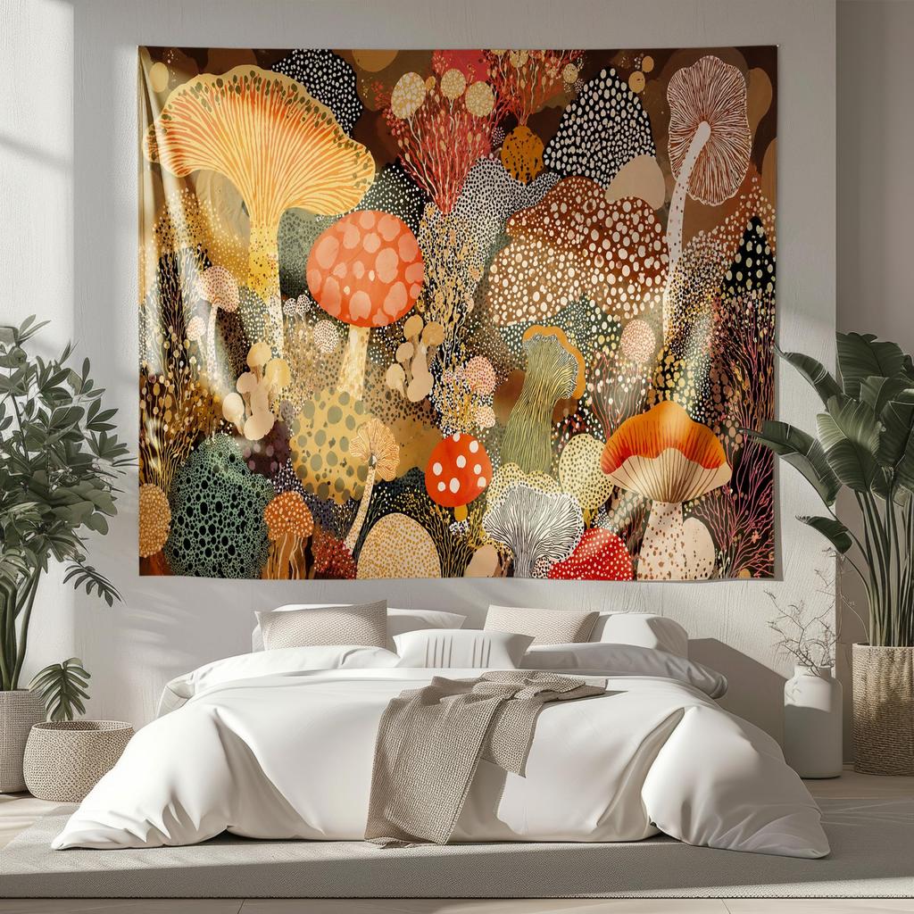 Mushroom Tapestry Yayoi Kusama Inspired Japanese Art Retro Fungi Wall Hanging Colorful Botanical Decor Cottagecore Forest Wall Art