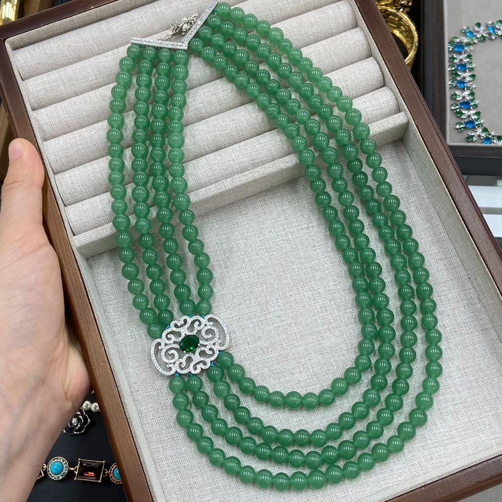 Natural Dongling Jade 8M Multi-Layer Necklace Niche Design High-End Round Bead Sweater Chain Fashion Light Luxury Women