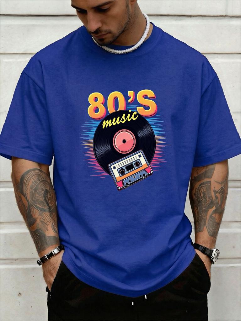 Vintage Retro 80s Music Vinyl Cassette Art Front Graphic Print Unisexs Crew Neck Short Sleeve Tee Casual Daily Soft Basic Wear Top