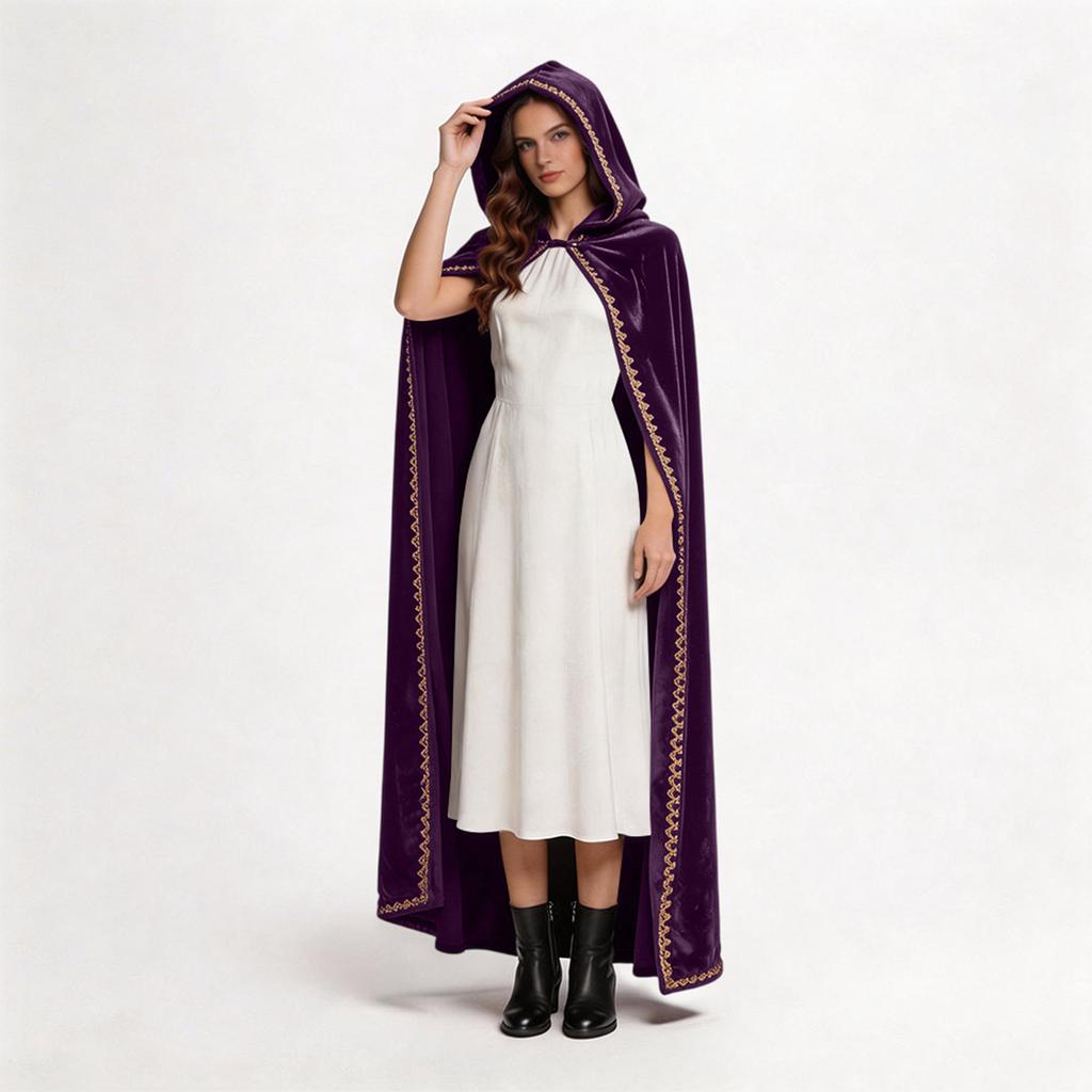 Manteau à Capuche en Velours pour Femme Longue Cape avec Passementerie Décorative pour Costume d'Halloween Cosplay et Événements Thématiques