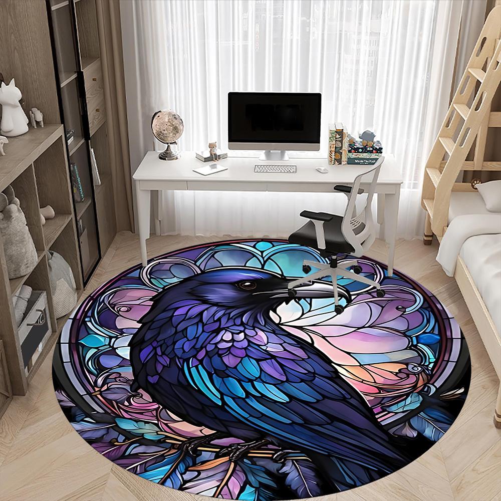 1pc Stained Raven Glass Office Round Area Rug, Under Office Chairs Bedroom Living Room Home Decor, Room Deco