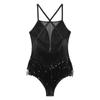 Ladies Latin Performance Leotard S-XXL Sequins Fringe Cross Back with 1 Pair Gloves for Tango Rumba Cha-Cha Samba Dance