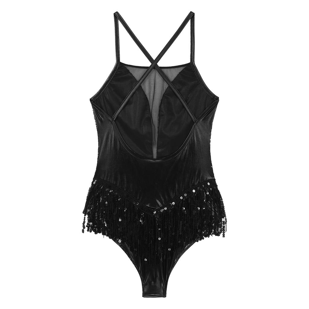 Ladies Latin Performance Leotard S-XXL Sequins Fringe Cross Back with 1 Pair Gloves for Tango Rumba Cha-Cha Samba Dance