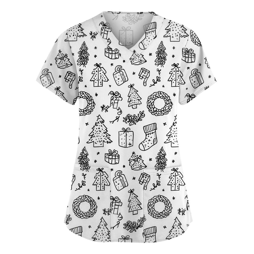 Women's Fashion V-Neck Short Sleeve Overalls With Pockets Print Tops Clothes