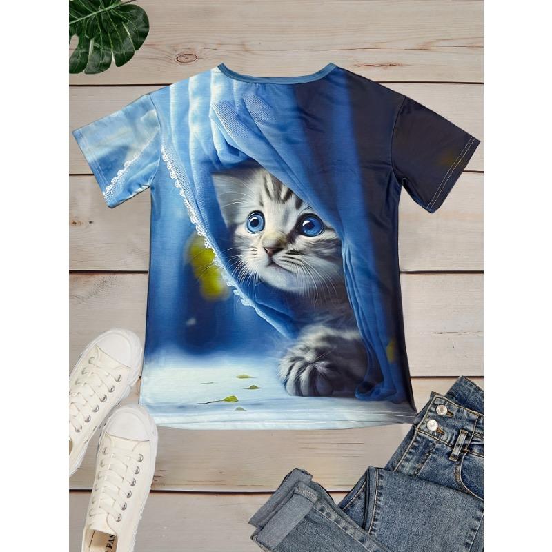 Summer V-neck 3D Cat Printed Top Fashionable Casual Short Sleeved Women's T-shirts