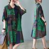 Summer New Plus Size Loose Comfortable Cotton Linen Vintage Printed Lotus Tail Shirt Dress