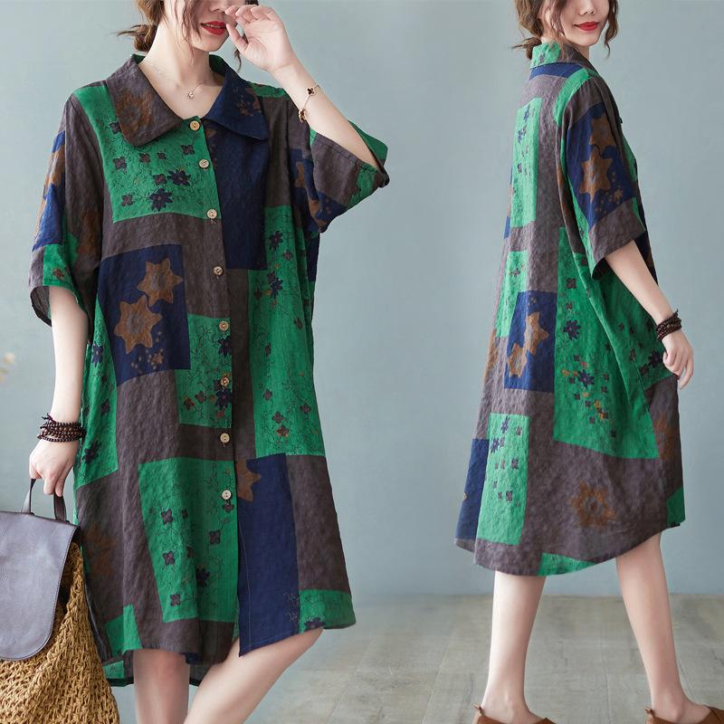 

Летнее новое платье-рубашка больших размеров из хлопка и льна с винтажным принтом и хвостом лотоса Free size зелёный