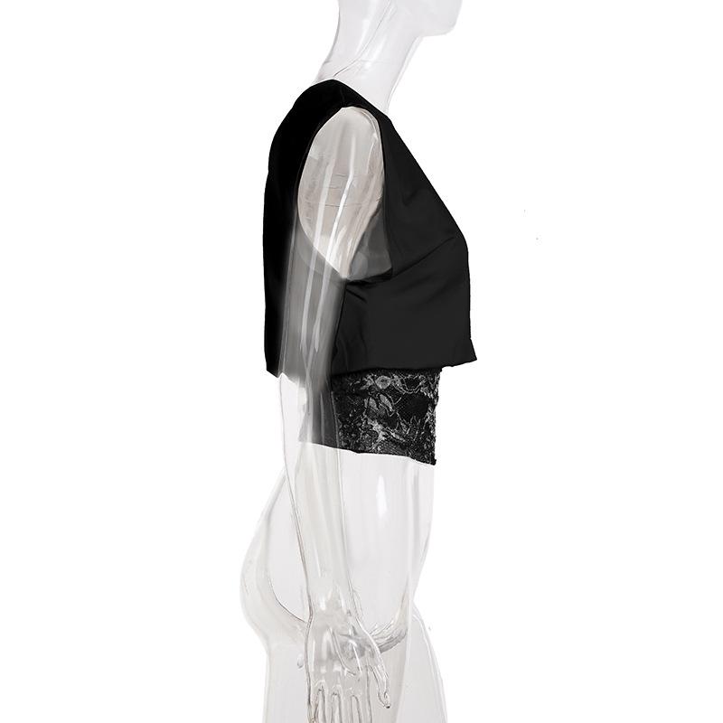 European Elegant Off-Shoulder Lace Patchwork Cropped Top - Slim-Fit Women's Style, Short-Sleeved.