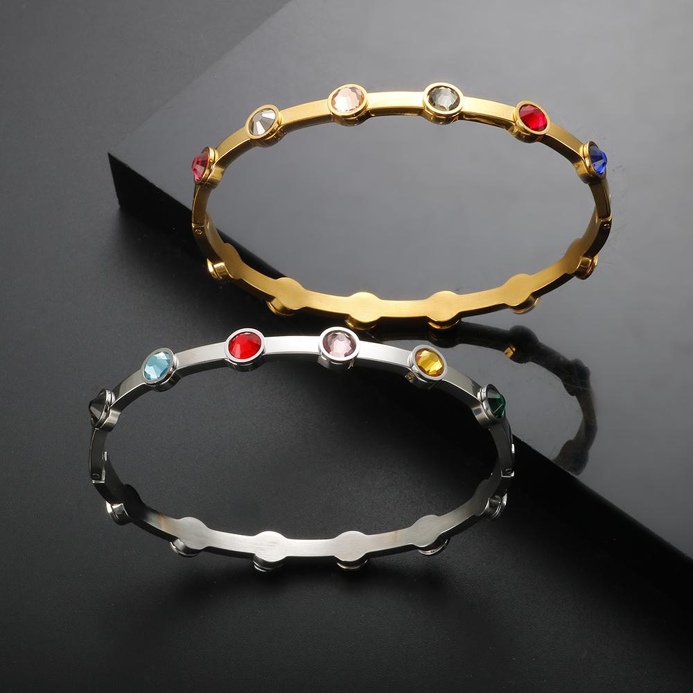 Rainbow Rhinestone Stainless Steel Bangle for Women New in Gold Plated Jewelry Luxury Gold Color Girlfriend Friend Gift