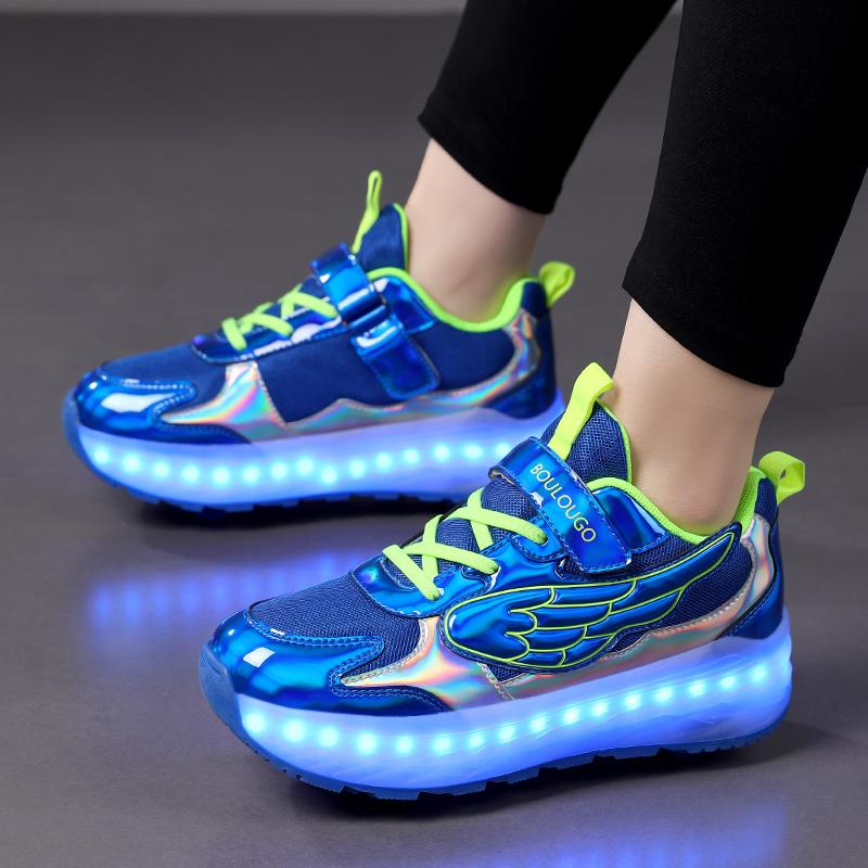 

Kids Charging Four Wheels LED Kids Glowing Sneakers Boy Luminous Sneakers Wings for Sneakers Glowing Sneakers with Charging 28 королевский синий