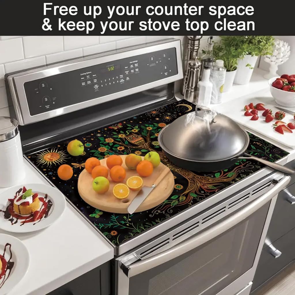 Celtic Life Tree Owl Stove Cover, Sun Moon Floral Print Non-slip Heatproof Washable Mat for Home Gas & Electric Stove Decoration