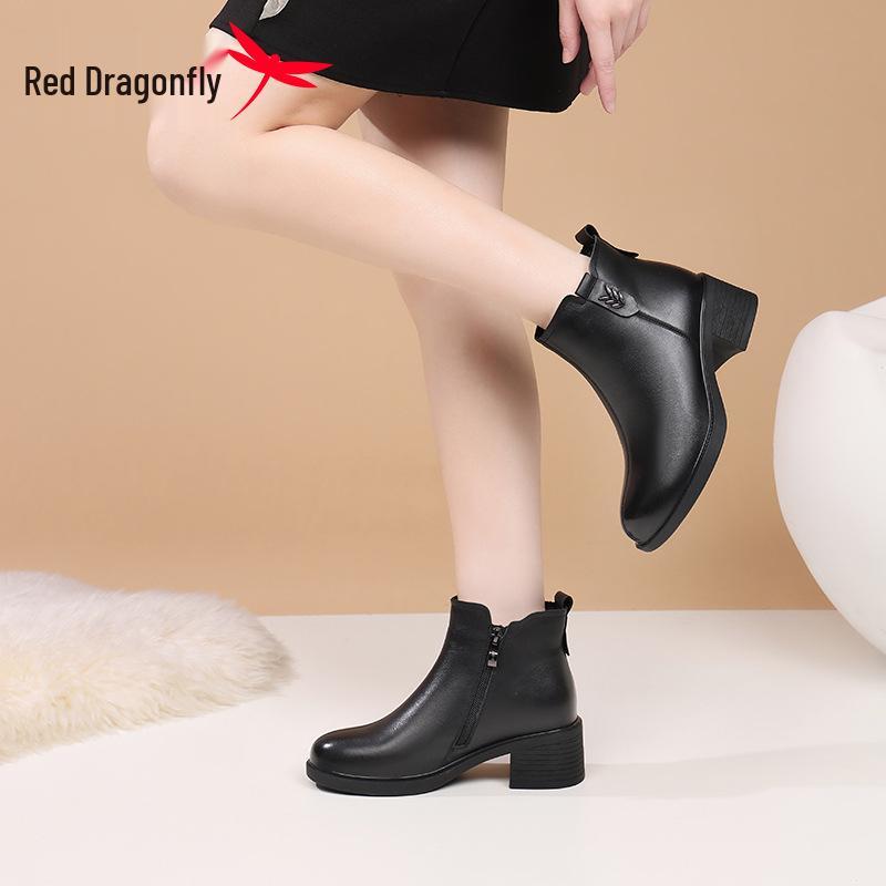 Red Dragonfly Women's High-Heeled Mid-Calf Leather Boots - Warm Winter Plus Velvet 