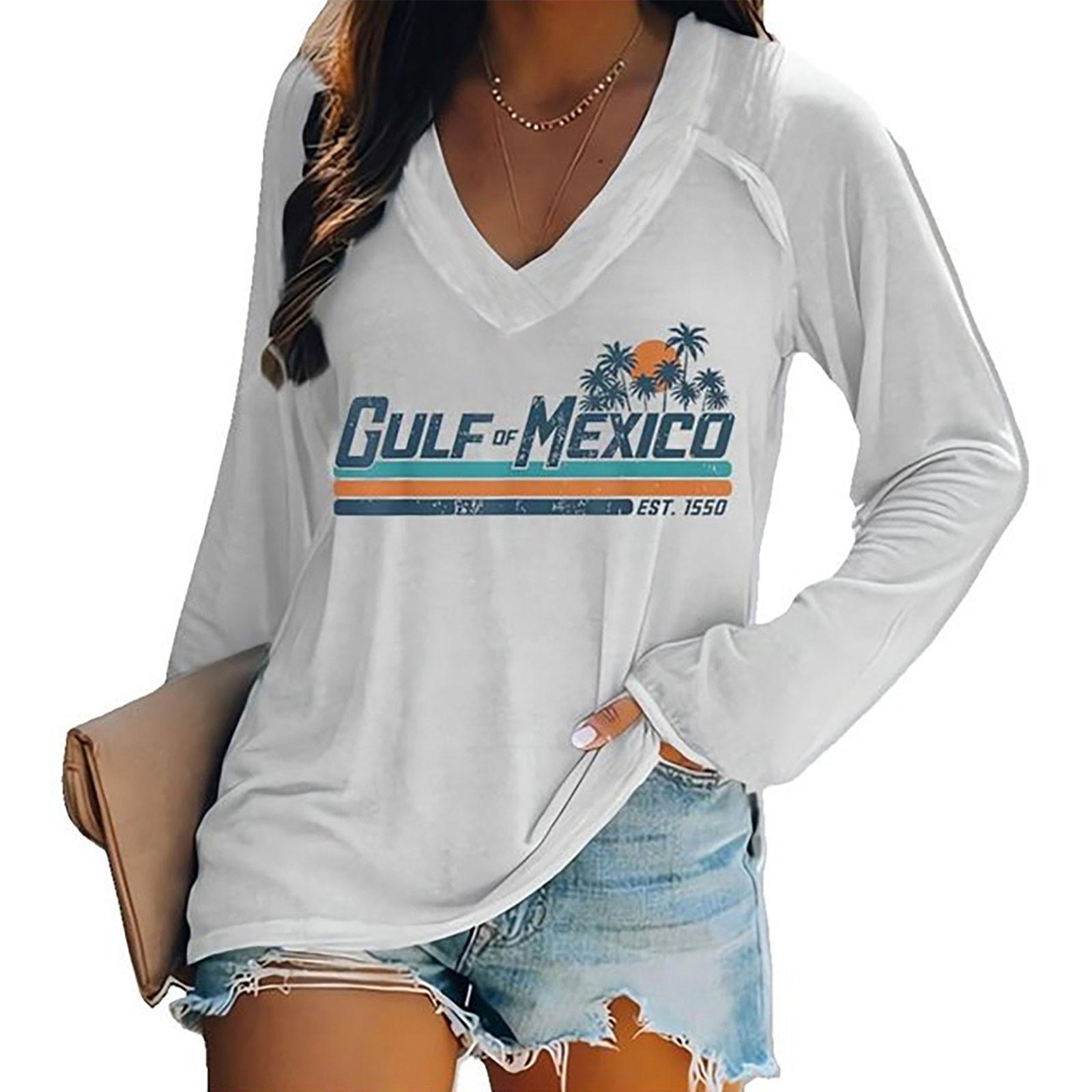 

Женская футболка с длинными рукавами, V-образным вырезом, градиентным принтом букв, повседневный и удобный топ XL белый