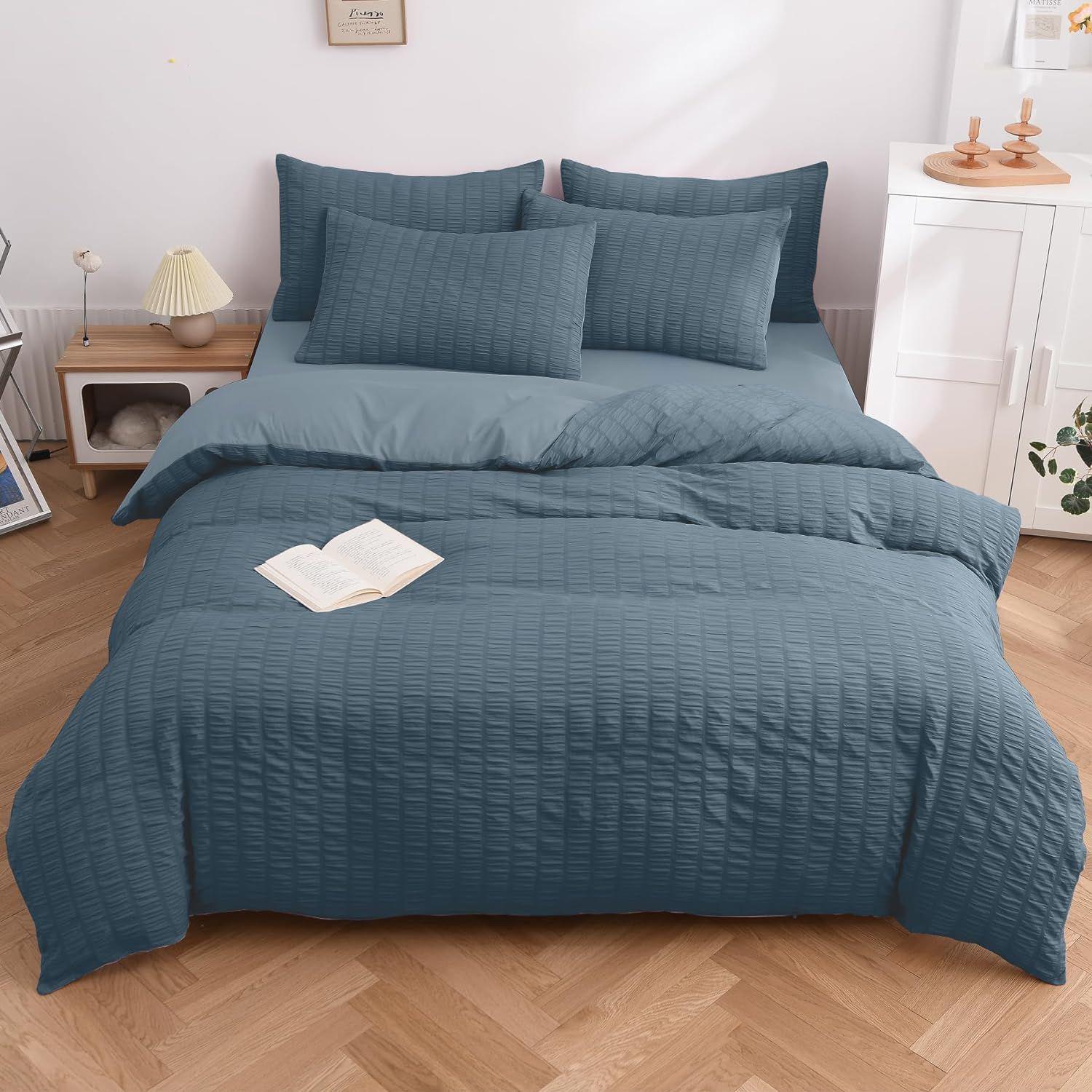 Japanese Striped Bubble Gauze Bedding Set - 4-Piece Washed Cotton with Bed Skirt Twin Duvet Cover Set Three-Piece темно-синий